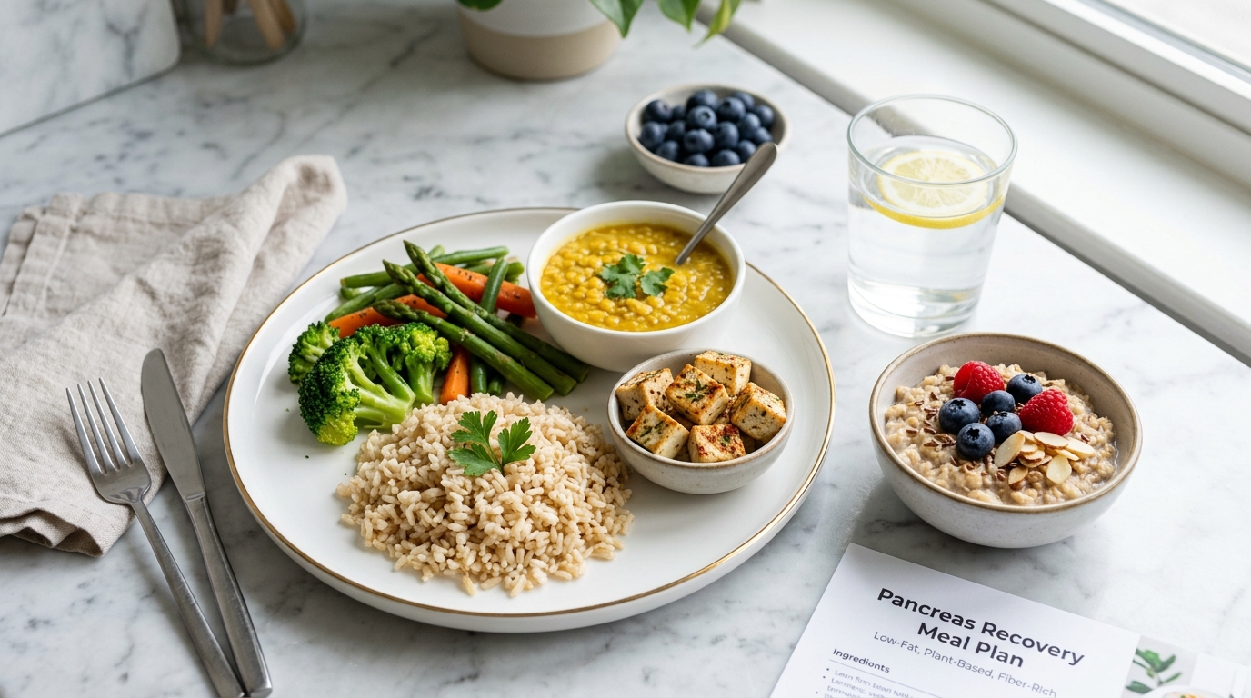 Pancreas Recovery Low-Fat Meal Plate: Steamed Vegetables, Dal, Whole Brown Rice, and Lean Protein