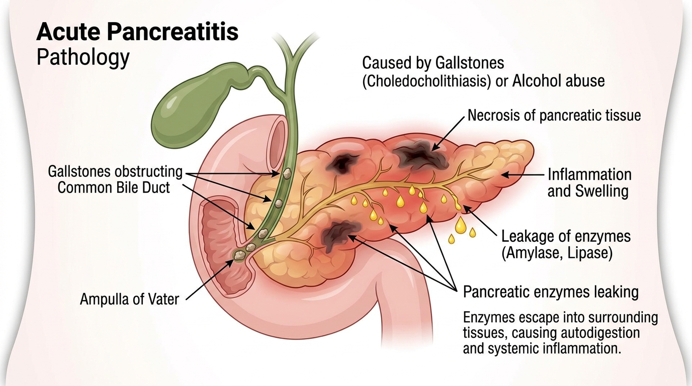 Acute Pancreatitis Pathology: Gallstones Obstructing Bile Duct, Enzyme Leakage, and Tissue Necrosis